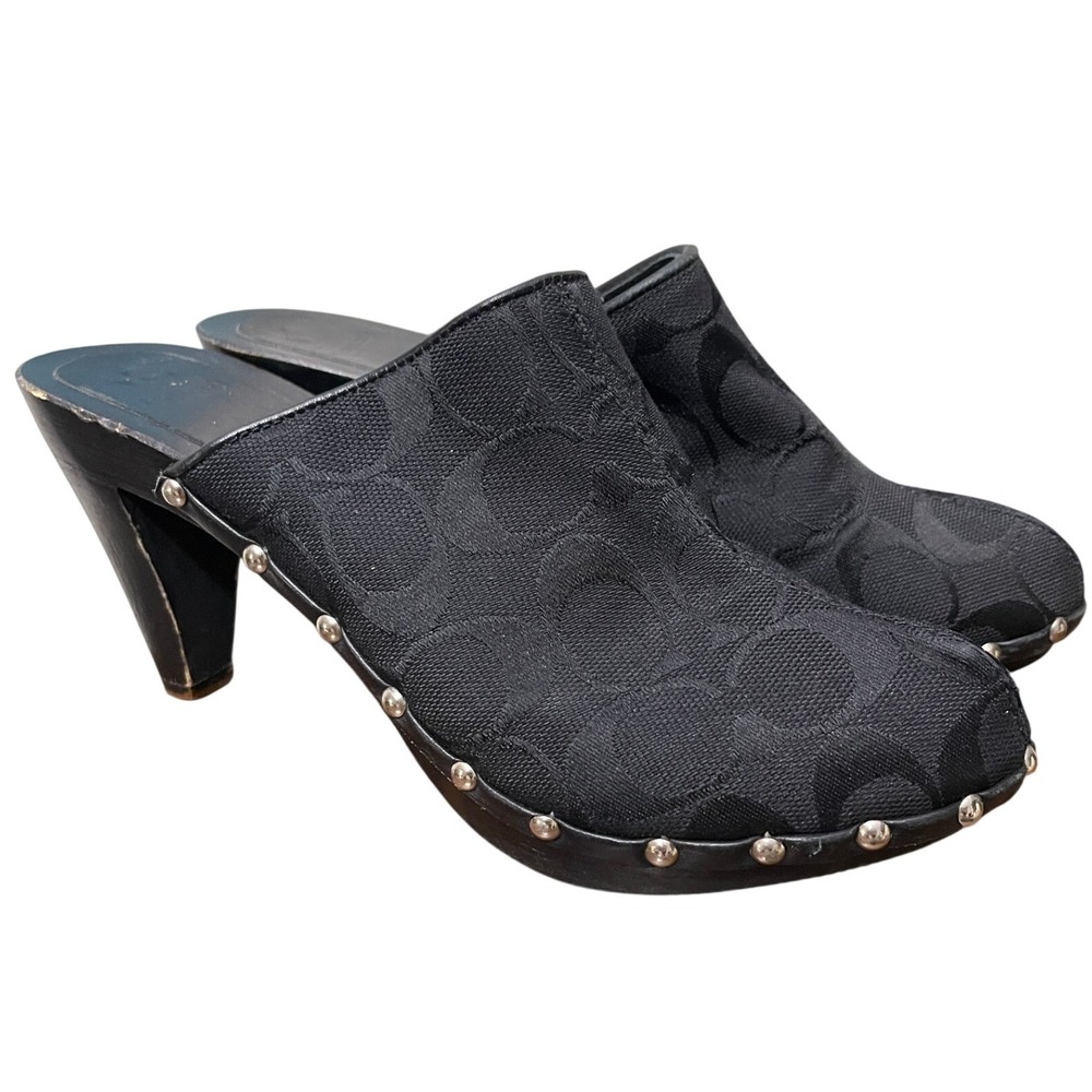 Y2K Coach Black Monogram Jacquard Studded Heeled Mules Wooden Clogs 7